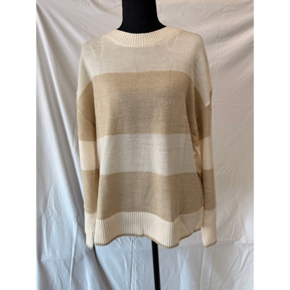 H&M DIVIDE Striped Knit Sweater Cream Tan Neutral Crewneck Oversized Medium